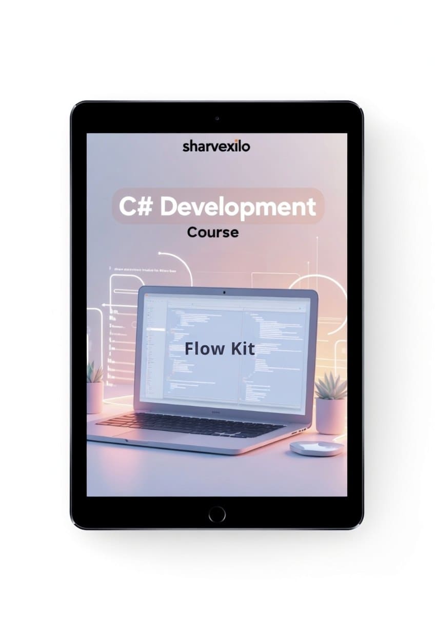 Tablet displaying a C# Development Course by sharvexilo on a white background