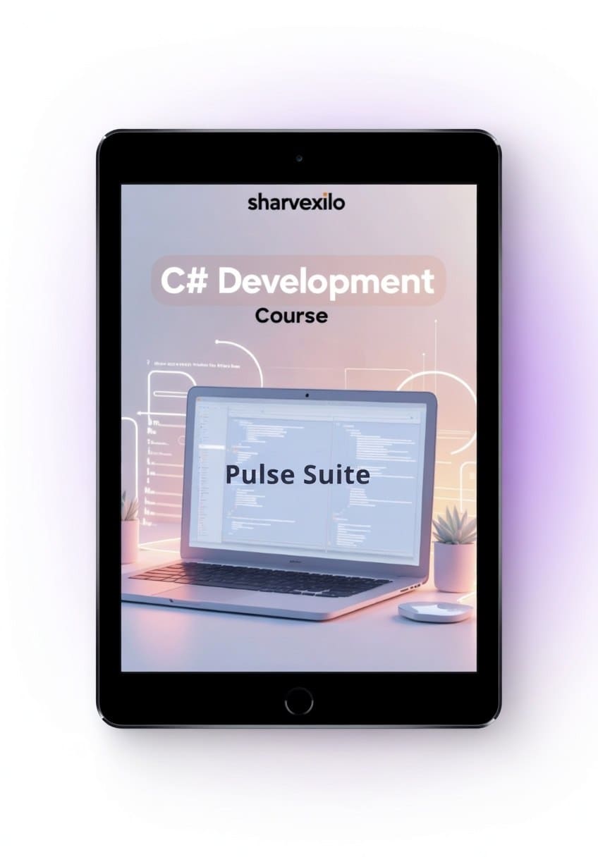 Tablet displaying a C# Development Course by sharvexilo with a laptop and plant on a desk.