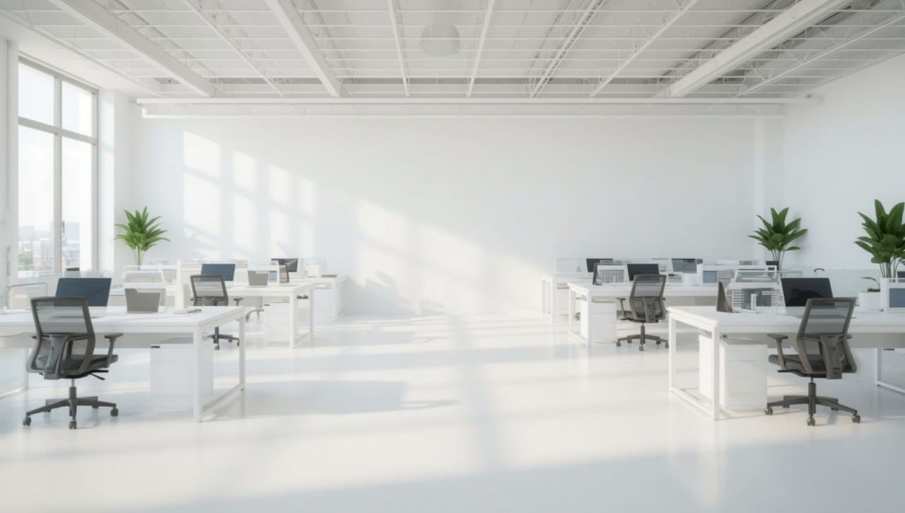 Modern office space with white desks and chairs in a bright room.