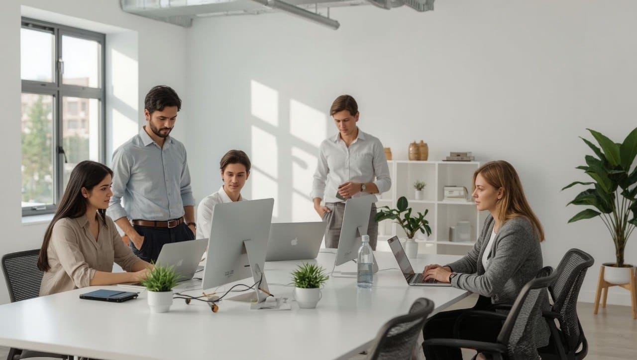 Modern office with people who works with C# code