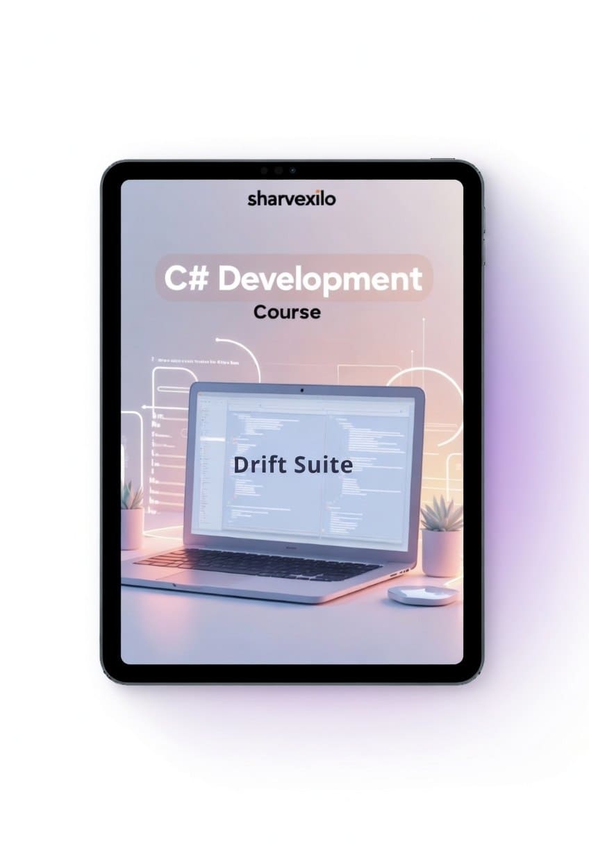 Tablet displaying a C# Development Course by sharvexilo with a laptop and office setup on the screen.