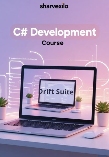 Laptop displaying C# digital course 'Drift Suite'