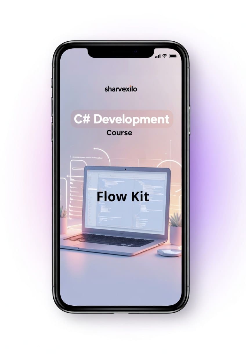 Phone screen displaying a C# Development Course by Sharvexilo with a laptop icon.