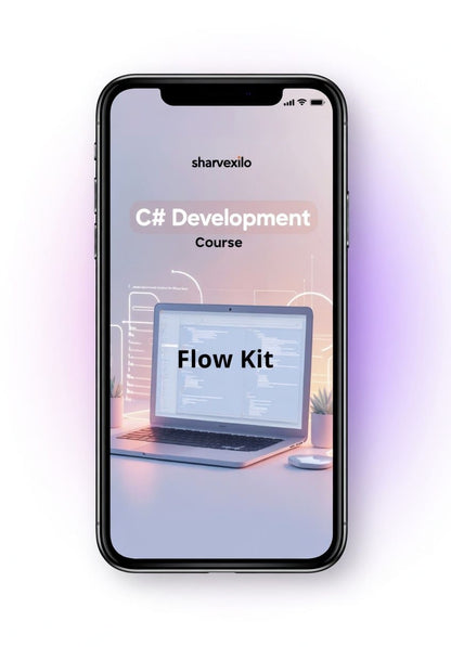 Phone screen displaying a C# Development Course by Sharvexilo with a laptop icon.
