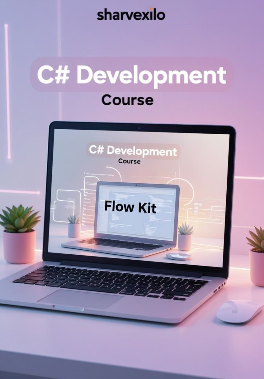 Laptop on a desk with 'C# Development Course' displayed, Sharvexilo branding visible.