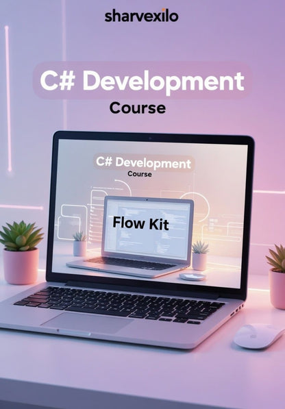 Laptop on a desk with 'C# Development Course' displayed, Sharvexilo branding visible.