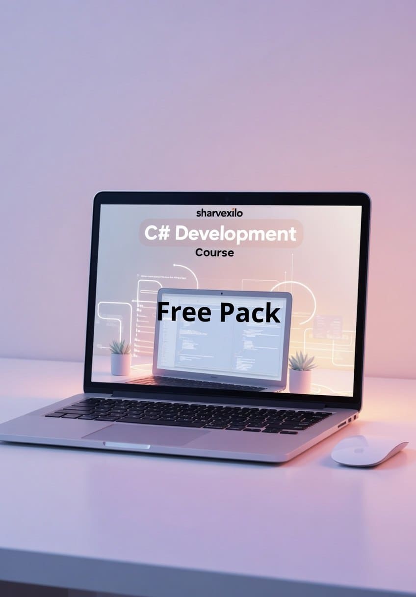 Laptop displaying C# digital course 'Free Pack'
