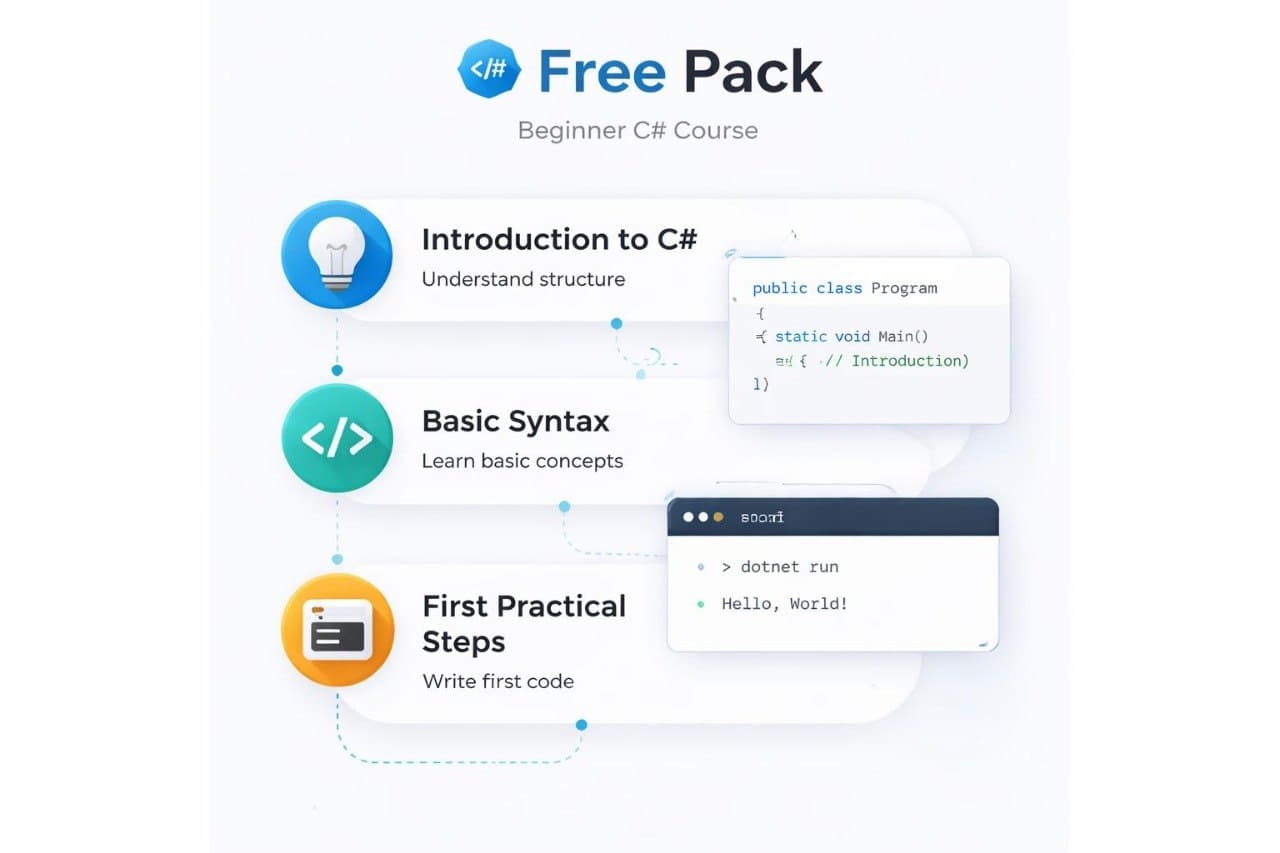 C# programming course introduction with icons and text on a white background