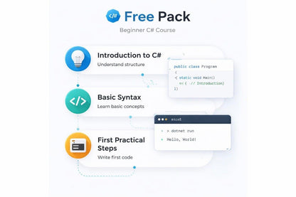 C# programming course introduction with icons and text on a white background