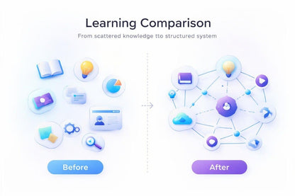 Diagram showing a transition from scattered knowledge to a structured system with icons and text.