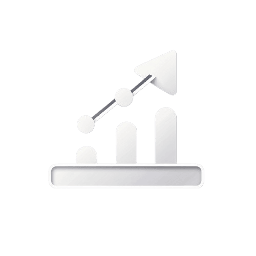 White icon of a staircase with an arrow pointing upwards on a transparent background