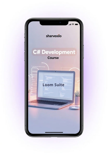 Phone screen displaying a C# Development Course by sharvexilo with a laptop icon on a white background