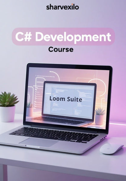 Laptop displaying C# digital course 'Loom Suite'