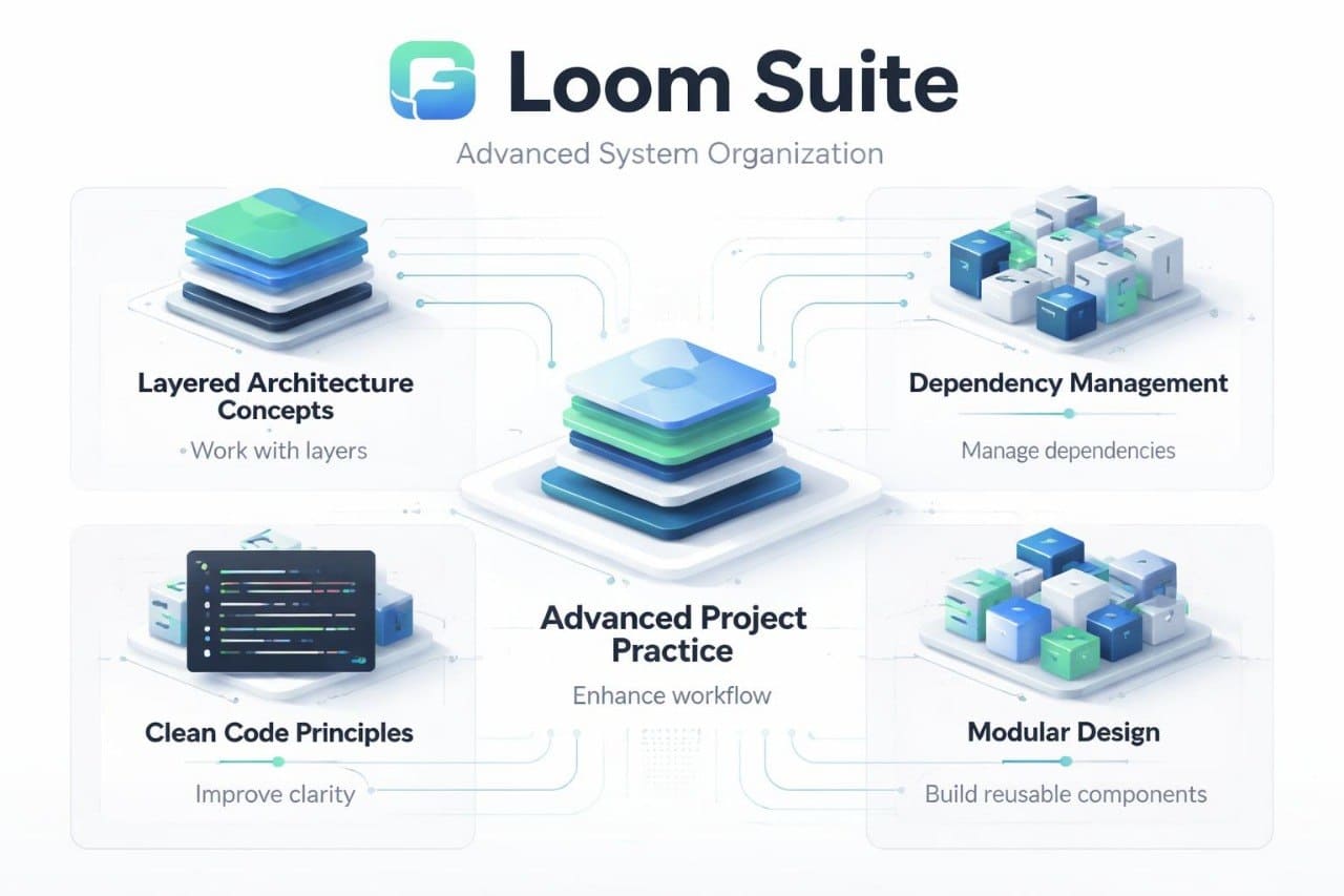 Loom Suite diagram with layered architecture, dependency management, and other features on a white background.
