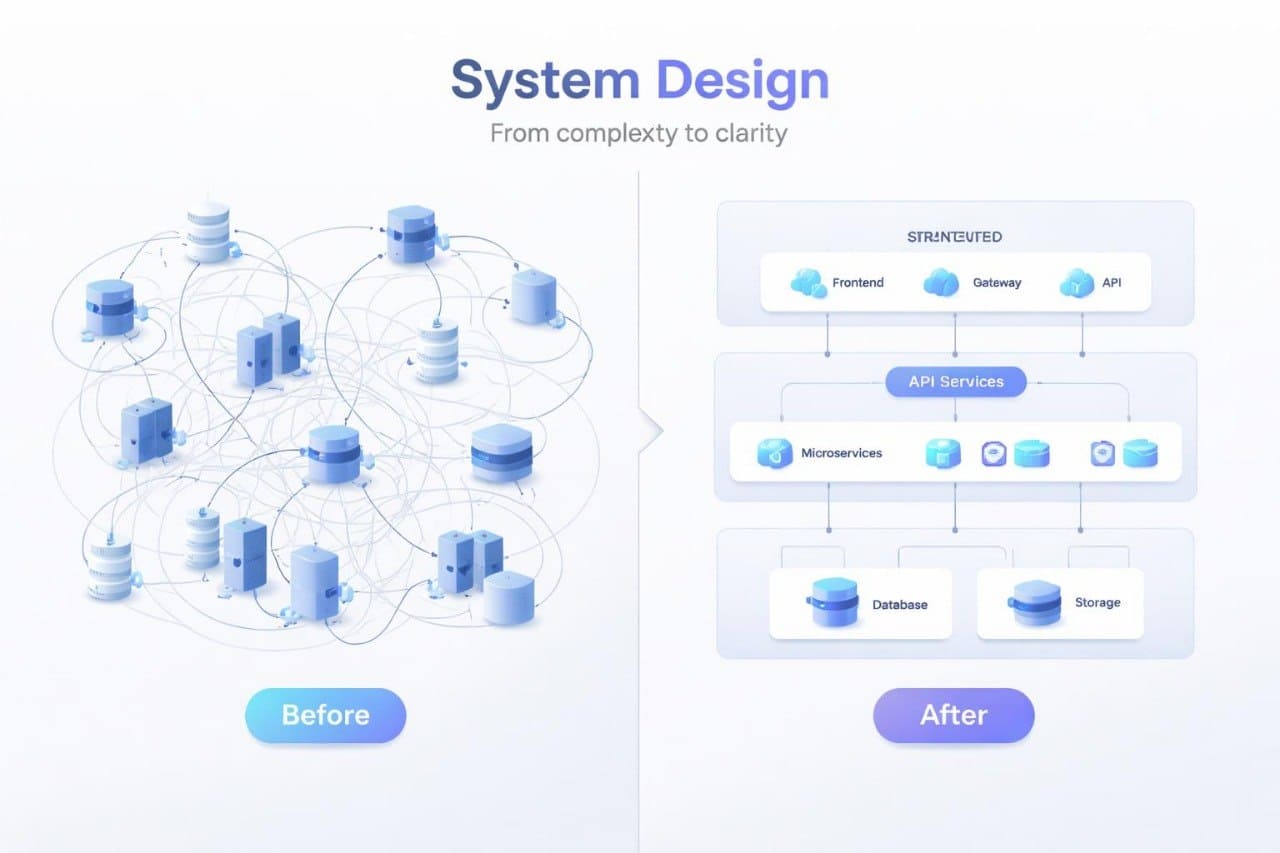 Comparison of system design before and after simplification, showing complexity reduction.