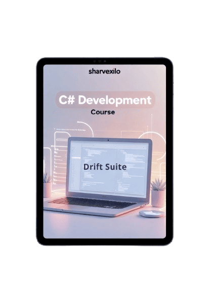Tablet displaying a C# Development Course by sharvexilo with a laptop and office setup on the screen.