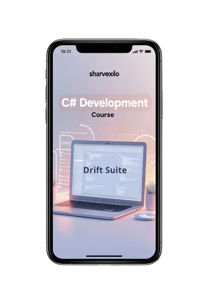 Phone displaying a C# development course advertisement with 'sharvexilo' branding.