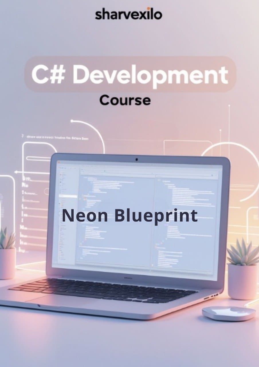 Laptop with code on screen and 'C# Development Course Neon Blueprint' text, Sharvexilo brand visible