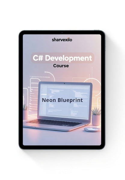 Tablet displaying a C# Development Course by sharvexilo with a laptop and plant on a desk.