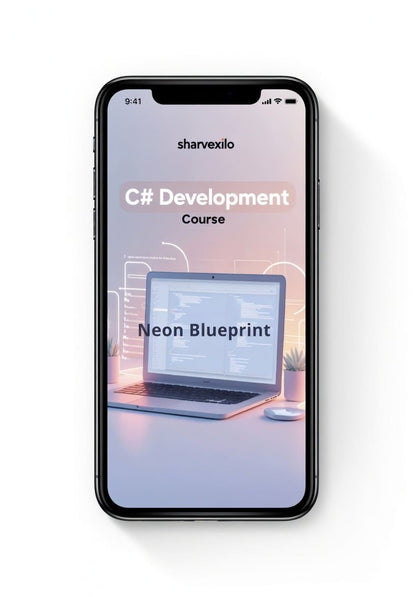 Phone displaying a C# development course app with a laptop graphic on a white background