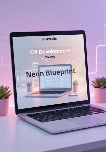 Laptop displaying C# digital course 'Neon Blueprint'