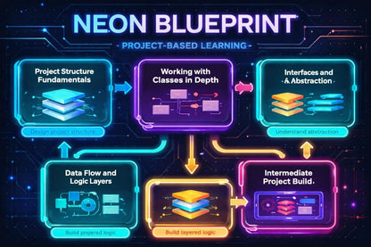 Neon Blueprint diagram for project-based learning with various stages.