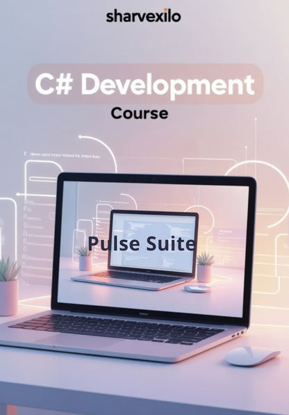 Laptop on a desk with 'C# Development Course' text and Sharvexilo logo.