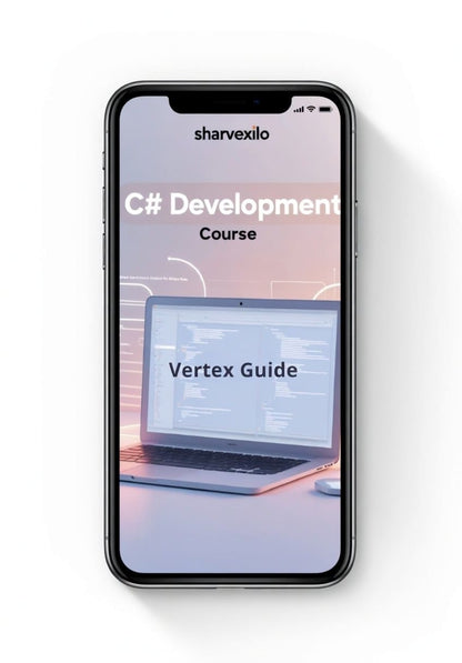 Phone displaying C# digital course 'Vertex Guide'