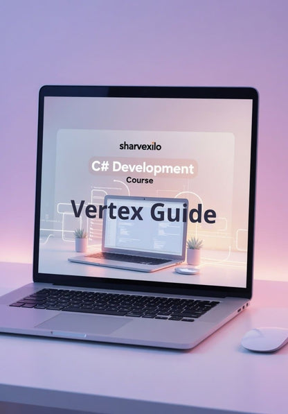 Laptop displaying a C# development course with 'sharvexilo' branding on a gradient background.