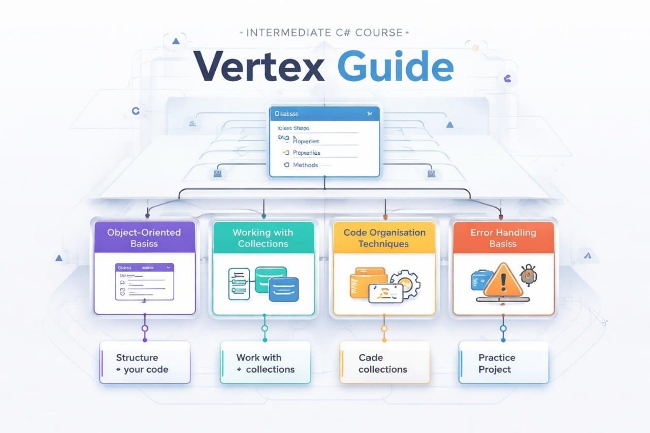 Diagram of an intermediate C# course titled 'Vertex Guide' with various topics on a white background.